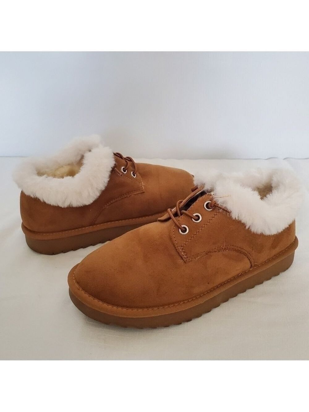 CUSHIONAIRE 'HOPE' ANKLE BOOTIES SLIP-ON SUEDE FAUX-SHEARLING CHESTNUT WOMEN 7.5